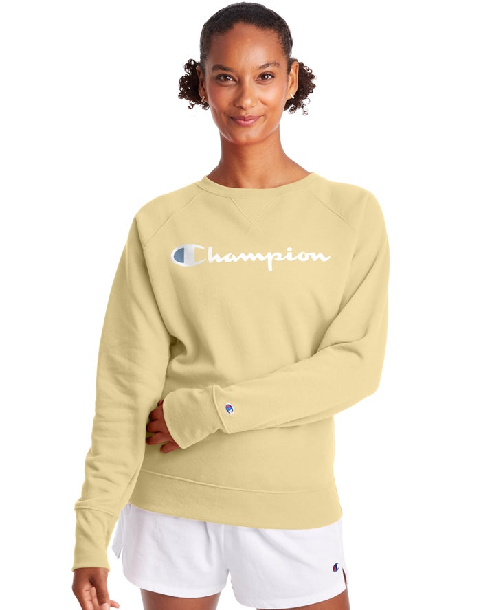 Champion Dame Sweatshirt Gul - Powerblend Fleece Classic Crew Script Logo - Danmark LVC-408257